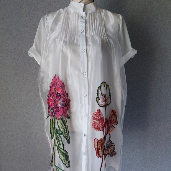 NWoT Lady Ribbon Embroidered Floral Layered Shirt Mini Dress Button White - Picture 4 of 13